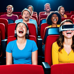 **

A diverse group of people laughing and crying together at a movie theater. VR headsets are visible in the background. The scene captures the emotional impact of entertainment and the blend of traditional and modern technologies. Bright, vibrant colors.

**