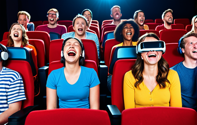 **
A diverse group of people laughing and crying together at a movie theater. VR headsets are visible in the background. The scene captures the emotional impact of entertainment and the blend of traditional and modern technologies. Bright, vibrant colors.
**