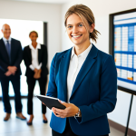 A professional recreation program manager, fully clothed in a modest business casual blazer and slacks, standing confidently in a modern, well-lit community center. They are holding a digital tablet displaying program schedules, with a diverse group of people (blurred, fully clothed, appropriate attire) engaged in various activities in the soft-focus background, representing a thriving community. The manager has a thoughtful and approachable expression, embodying leadership and organization. This image should be professional photography, high resolution, with natural soft lighting and vibrant colors, featuring perfect anatomy, correct proportions, natural pose, well-formed hands, and proper finger count, ensuring natural body proportions. The content is safe for work and appropriate content, showcasing a family-friendly environment.