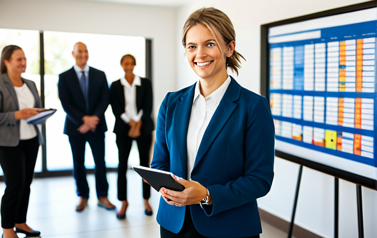 A professional recreation program manager, fully clothed in a modest business casual blazer and slacks, standing confidently in a modern, well-lit community center. They are holding a digital tablet displaying program schedules, with a diverse group of people (blurred, fully clothed, appropriate attire) engaged in various activities in the soft-focus background, representing a thriving community. The manager has a thoughtful and approachable expression, embodying leadership and organization. This image should be professional photography, high resolution, with natural soft lighting and vibrant colors, featuring perfect anatomy, correct proportions, natural pose, well-formed hands, and proper finger count, ensuring natural body proportions. The content is safe for work and appropriate content, showcasing a family-friendly environment.
