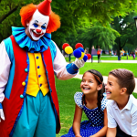 **

"A professional children's entertainer, fully clothed in a colorful and modest clown costume, performing a magic trick for a group of smiling children in a park setting, appropriate attire, safe for work, perfect anatomy, natural proportions, family-friendly, high quality illustration."

**