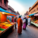 **

A vibrant and bustling Indian street market at sunset. Vendors are selling colorful spices, textiles, and street food. People are dressed in traditional Indian clothing, laughing and bargaining. Golden light bathes the scene, creating a warm and inviting atmosphere.

**