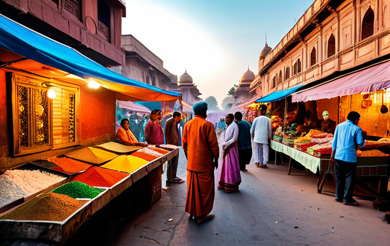 **

A vibrant and bustling Indian street market at sunset. Vendors are selling colorful spices, textiles, and street food. People are dressed in traditional Indian clothing, laughing and bargaining. Golden light bathes the scene, creating a warm and inviting atmosphere.

**