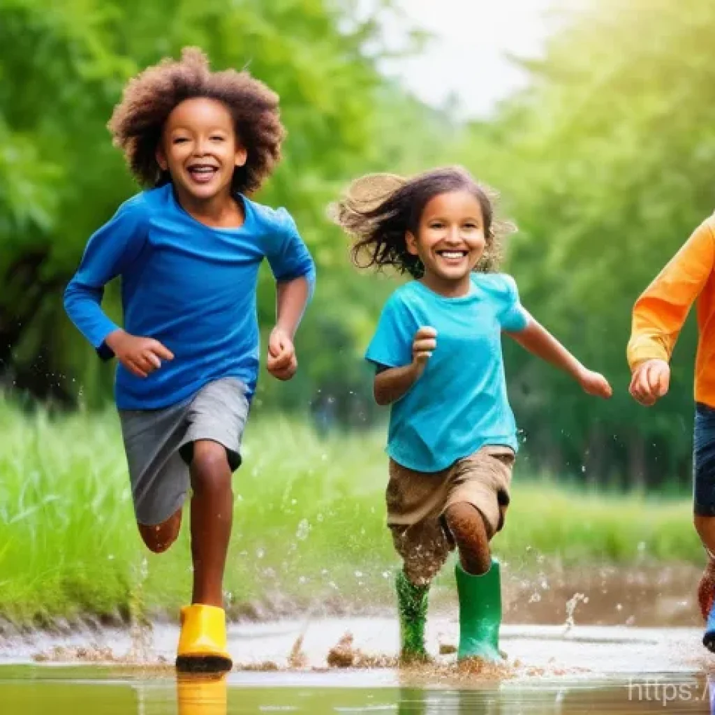 레크리에이션 지도자와 청소년 프로그램 - **Prompt:** A diverse group of joyful children, aged 6-10, enthusiastically playing in a vibrant out...