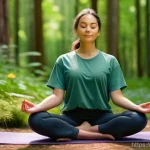 Home 17 레크리에이션 지도자와 자기 관리 - **Prompt for Self-care and Mental Peace in Nature:**
"A serene young woman, in her late 20s, dre...