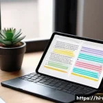 Home 19 레크리에이션 지도자 일기 작성 노하우 - A cozy workspace scene showing a digital diary app open on a sleek laptop screen with colorful notes...