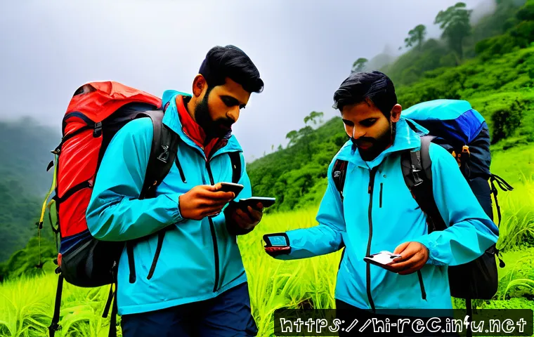 레크리에이션 활동별 사전 준비 체크리스트 - A group of diverse Indian hikers preparing for a trekking adventure in the monsoon season, wearing b...