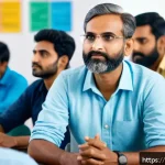 Home 19 레크리에이션 지도자의 전문성 향상 비결 - A detailed scene of a diverse Indian recreation leader attentively listening to a group of team memb...