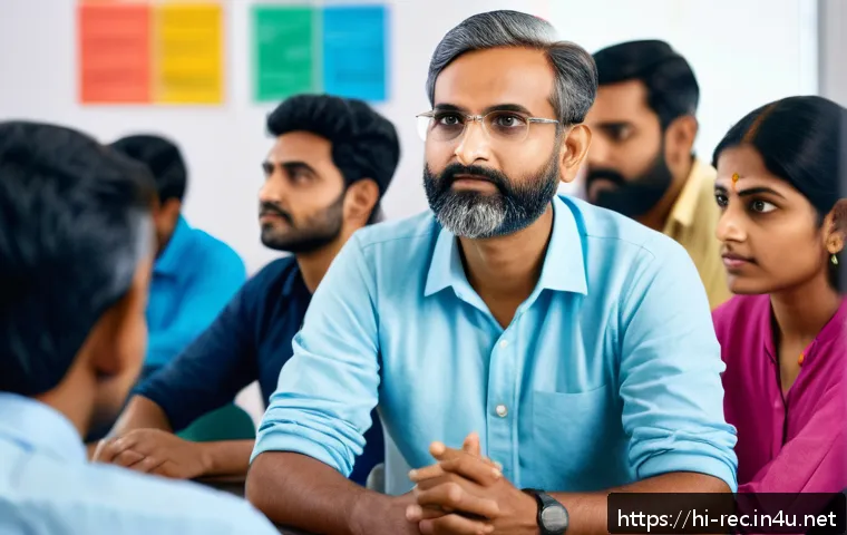 레크리에이션 지도자의 전문성 향상 비결 - A detailed scene of a diverse Indian recreation leader attentively listening to a group of team memb...